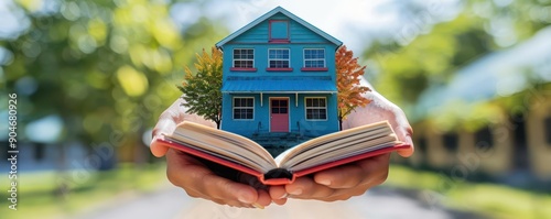 A creative concept of a house emerging from a book, symbolizing home, imagination, and storytelling in a vibrant setting. photo