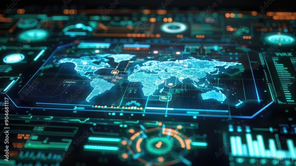 Holographic interface displaying a heatmap of cybersecurity threats across a global network.