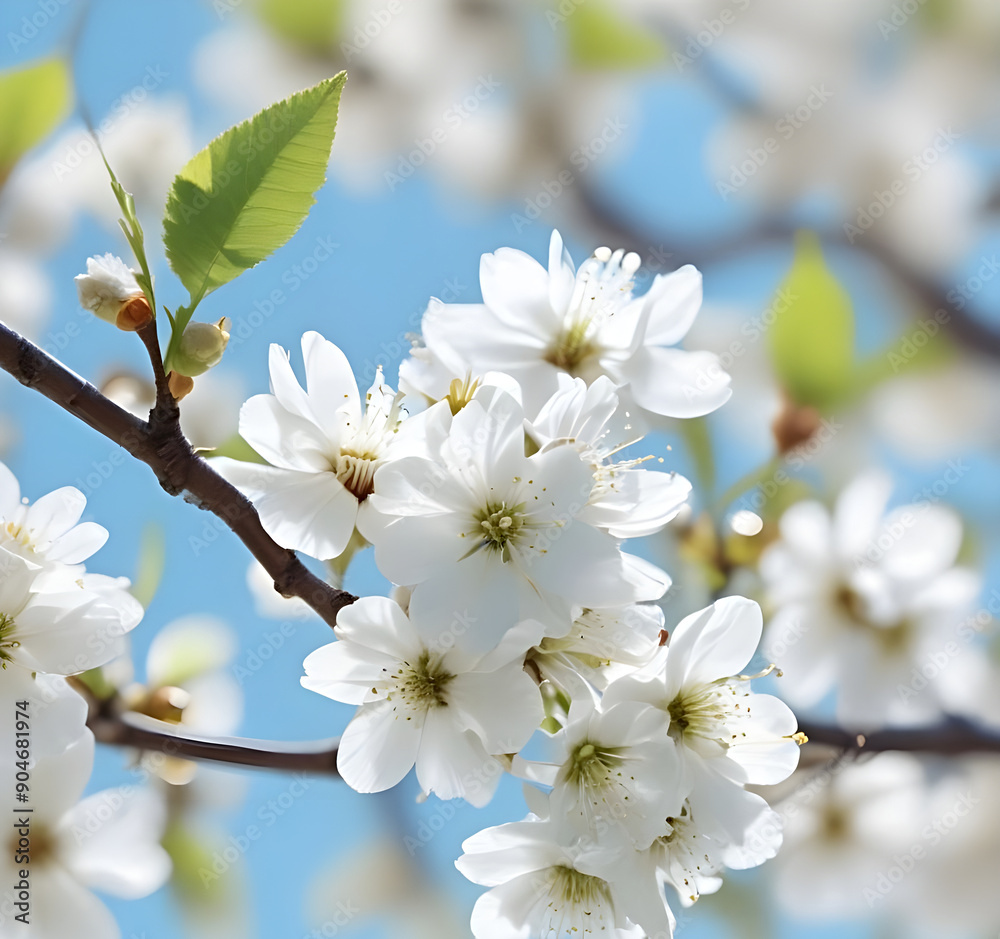 Branches of blossoming cherry macro with soft focus on gentle light blue sky background in sunlight with copy space. Beautiful floral image of spring nature panoramic view. Branches of blossoming cherry macro with soft focus on gentle light blue sky background in sunlight with copy space. Beautiful floral image of spring nature panoramic view.