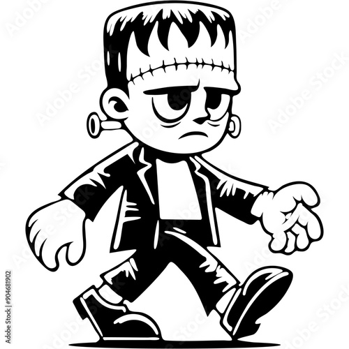 Zombie test subject resurrected by mad scientist walks with heavy gait in monochrome. Simple minimalistic vector in black ink drawing on transparent background
