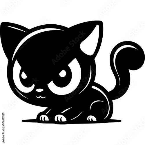 Playful black kitten ready to jump in monochrome. Simple minimalistic vector in black ink drawing on transparent background