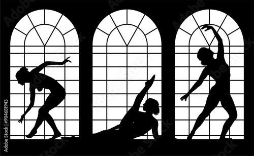 baile, danza, silueta, bailarina, danza ritmica, silueta, deporte, ballet, vector, ballet, movimiento, ventanal, contraluz