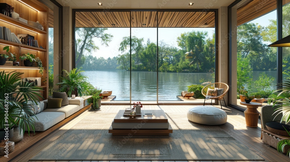 Fototapeta premium Modern Living Room with Water View