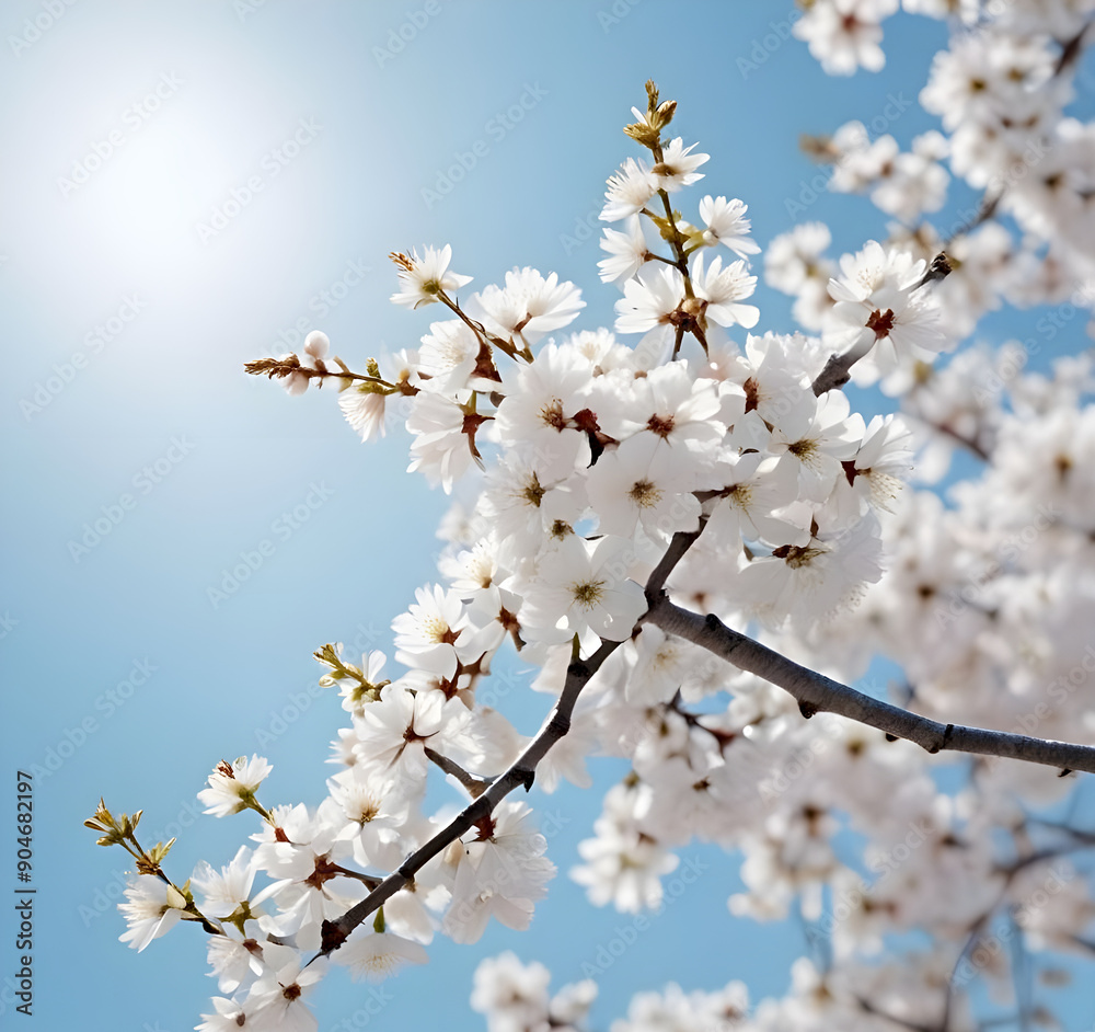 Branches of blossoming cherry macro with soft focus on gentle light blue sky background in sunlight with copy space. Beautiful floral image of spring nature panoramic view. Branches of blossoming cherry macro with soft focus on gentle light blue sky background in sunlight with copy space. Beautiful floral image of spring nature panoramic view.