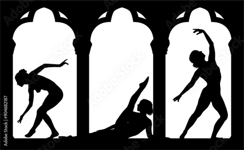 baile, danza, silueta, bailarina, danza ritmica, silueta, deporte, ballet, vector, ballet, movimiento, ventanal, contraluz