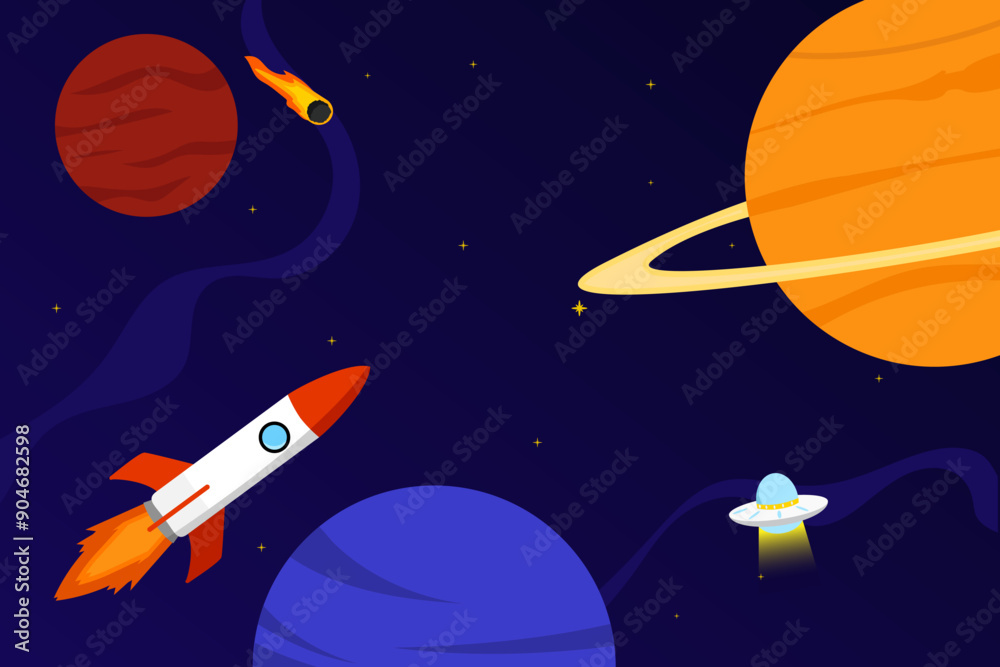 Naklejka premium Space rocket and planet background. Galaxies vector illustration poster design template