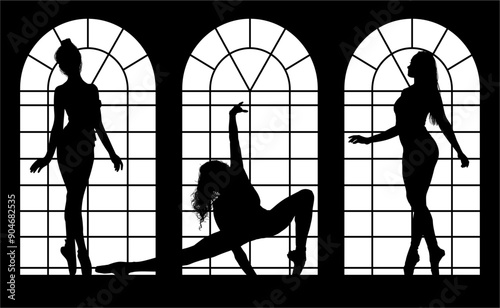 baile, danza, silueta, bailarina, danza ritmica, silueta, deporte, ballet, vector, ballet, movimiento, ventanal, contraluz