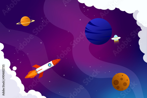 Space rocket and planet background. Gradient galaxy vector illustration poster design template