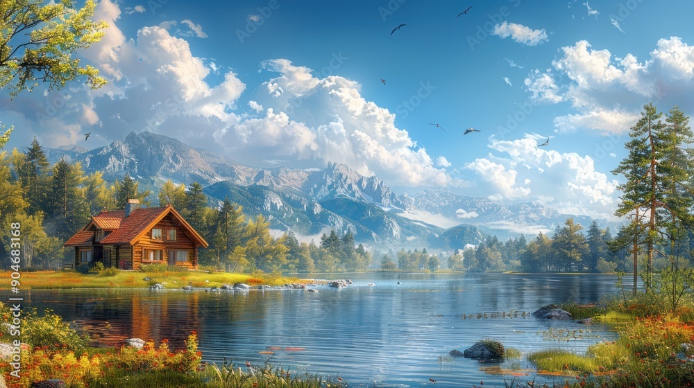 Fototapeta premium Cabin by the Lake in the Mountains