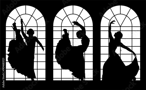 baile, danza, silueta, bailarina, danza ritmica, silueta, deporte, ballet, vector, ballet, movimiento, ventanal, contraluz