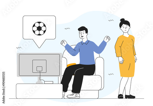 Wife without attention. Young sad girl looks at man in front of TV. Bad husband watching football match and event. Lonely and solitude woman. Linear vector illustration