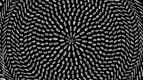Hypnotic Spiral Eye on Black Background. A mesmerizing visual featuring a pattern of eyes arranged in a spiral formation, creating a hypnotic, spiraling effect. 4K and Seamless loop