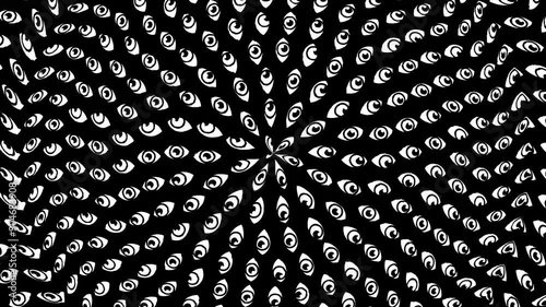 A striking black and white hypnotic eyes arranged in a radial and spiral design. The eyes create a mesmerizing and visually captivating effect. 4K and Seamless loop
