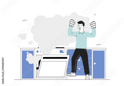 Man with smoking oven. Young guy in protective gloves near burning oven. Misfortune and accident in kitchen. Scared and shocked person. Linear vector illustration