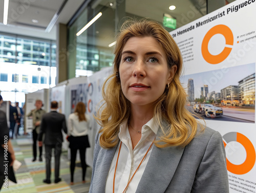 A woman stands in front of a poster with a large circle on it. She is wearing a gray jacket and a white shirt photo