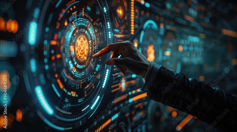 Fototapeta premium A close-up of a hand interacting with a futuristic digital interface filled with glowing circles and intricate designs.