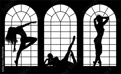 baile, danza, silueta, bailarina, danza ritmica, silueta, deporte, ballet, vector, ballet, movimiento, ventanal, contraluz