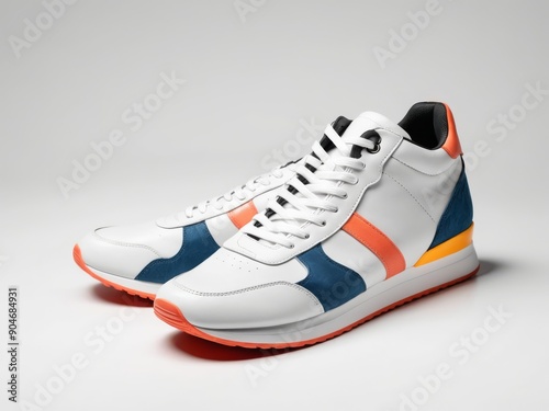 modern sports shoes, mixed white sneakers with colorful colors isolated on white background.