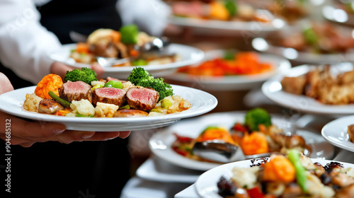 professional waiter carries plates with a meat dish, symbolizing service, hospitality, and celebration at a festive event. The scene captures the elegance and dedication in the culinary arts