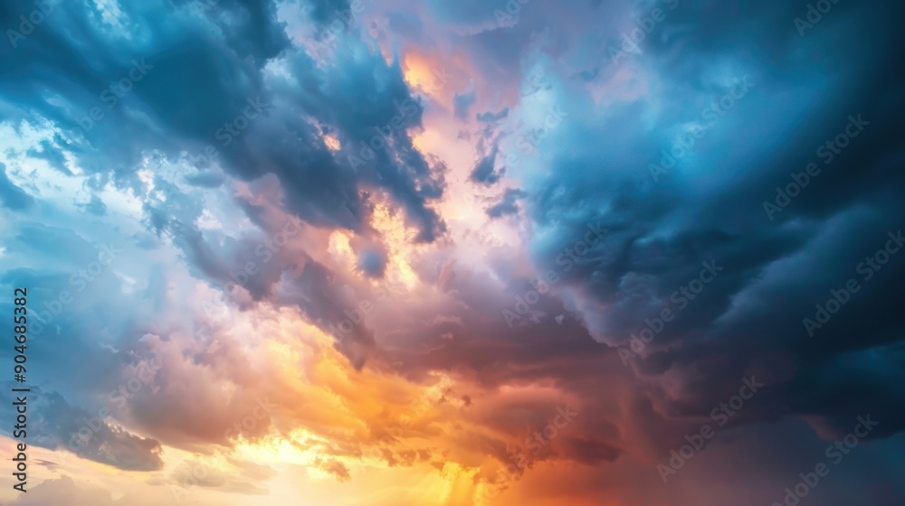 Fototapeta premium Thunderous clouds tower above as sunlight breaks through, casting vibrant colors at dusk