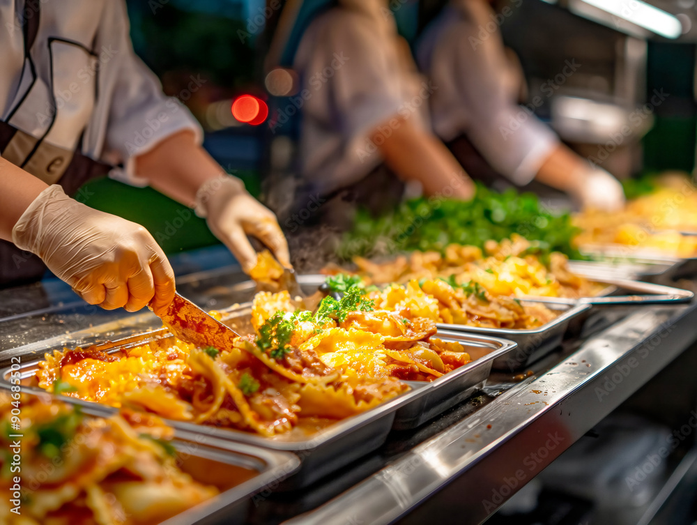 A group of chefs are preparing food in a restaurant kitchen. The atmosphere is busy and bustling, with the chefs working together to create a variety of dishes. The food is displayed on trays A group of chefs are preparing food in a restaurant kitchen. The atmosphere is busy and bustling, with the chefs working together to create a variety of dishes. The food is displayed on trays