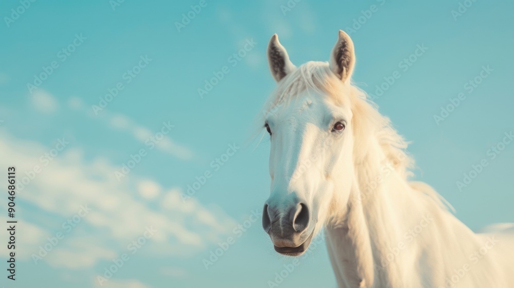 Fototapeta premium A graceful white horse looks towards the viewer, showcasing its elegant features against a clear blue sky
