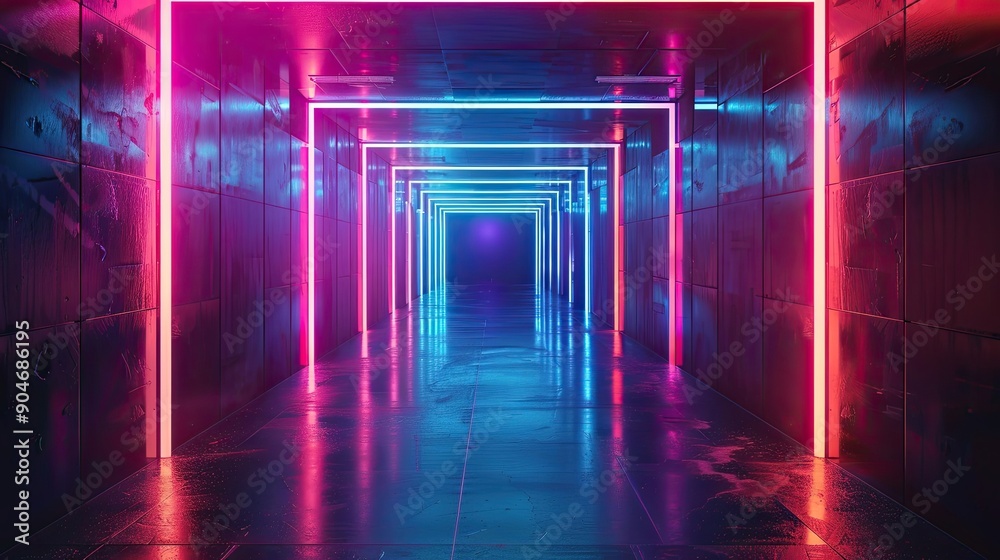 Fototapeta premium Neon Lights Illuminate a Reflective Hallway