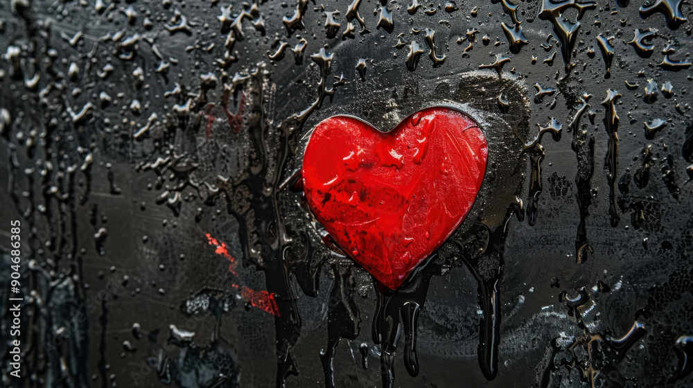 A heart is painted on a wall with a black background. The heart is red and white. The wall is covered in graffiti and has a rough texture A heart is painted on a wall with a black background. The heart is red and white. The wall is covered in graffiti and has a rough texture