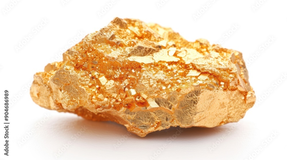 A striking gold nugget highlights its intricate details against a clean, white background