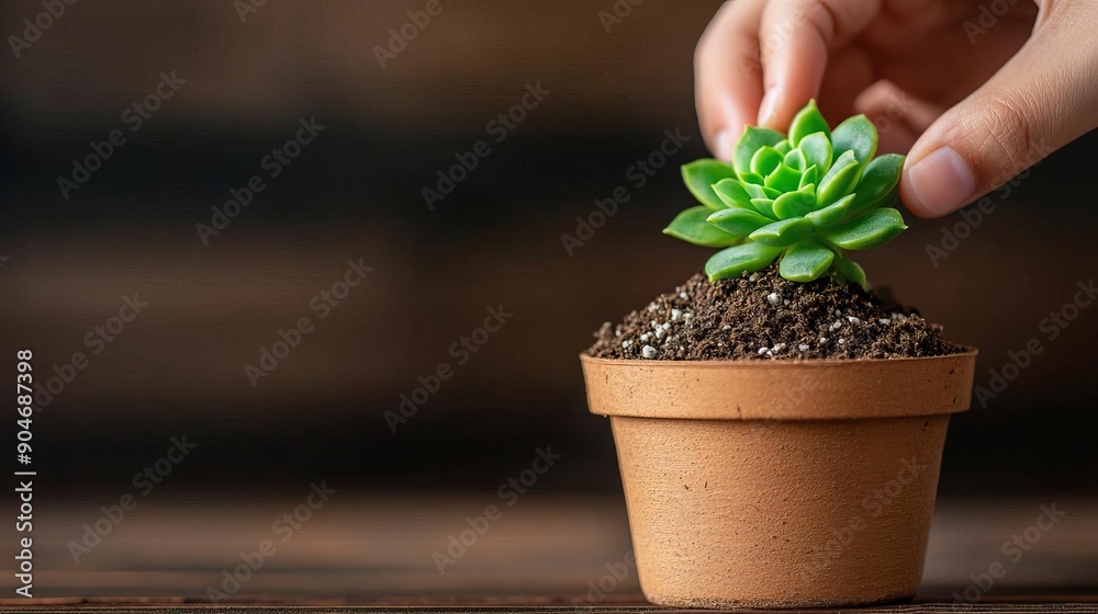 Close-up of a hand planting a succulent in a terracotta pot, symbolizing growth, nurture, and care in gardening. Close-up of a hand planting a succulent in a terracotta pot, symbolizing growth, nurture, and care in gardening.