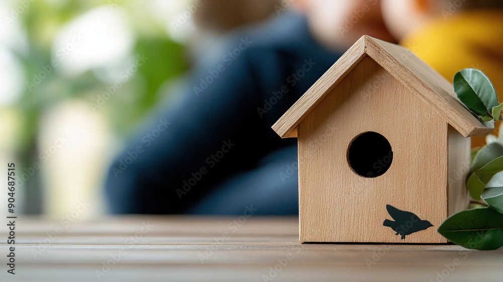 Close-up of a small wooden birdhouse on a wooden surface with blurred background, featuring a minimalistic design and leafy plant for nature concept. Close-up of a small wooden birdhouse on a wooden surface with blurred background, featuring a minimalistic design and leafy plant for nature concept.