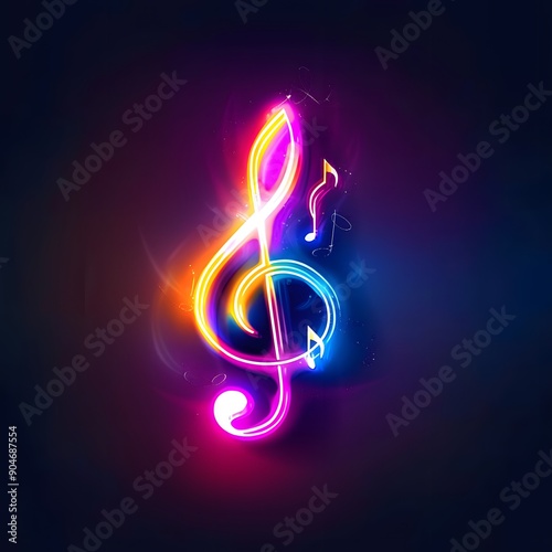 Music note symbol illuminated on neon light background, generative ai