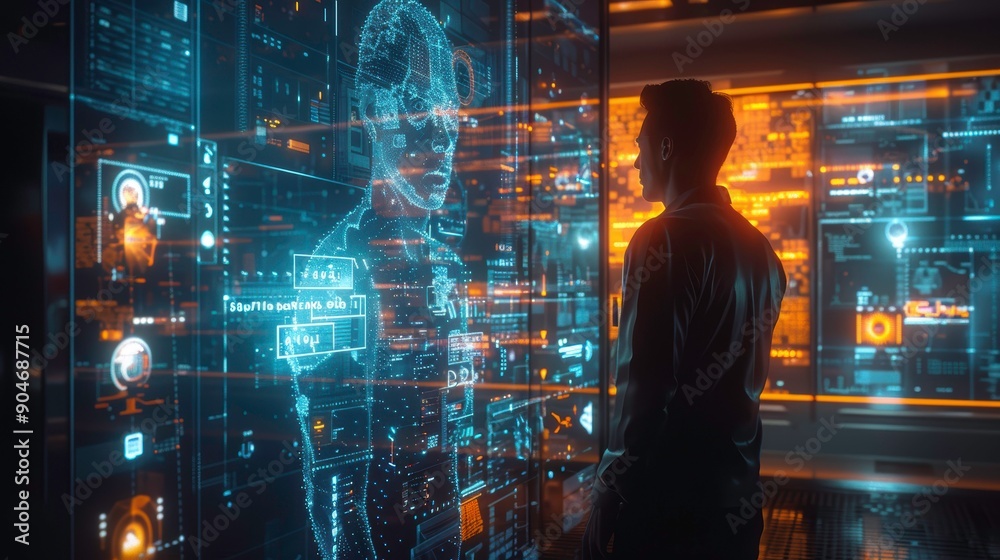Futuristic man interacting with holographic interface in a high-tech environment, showcasing advanced technology and innovation. Futuristic man interacting with holographic interface in a high-tech environment, showcasing advanced technology and innovation.