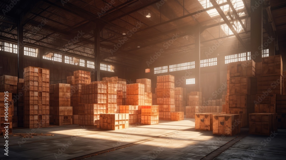 Sunlit Warehouse Storing Wooden Boxes Sunlit Warehouse Storing Wooden Boxes