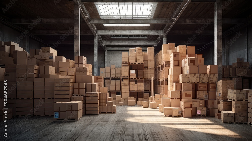 Large Industrial Warehouse with Stacked Boxes Large Industrial Warehouse with Stacked Boxes