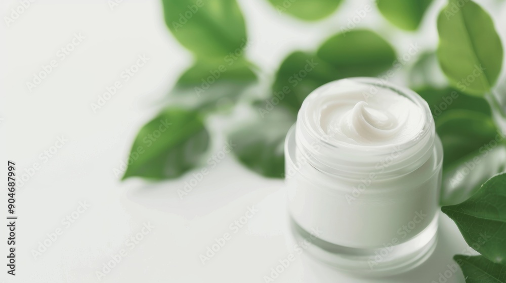 A clear jar of minimalist skincare cream rests among fresh green leaves, showcasing a natural aesthetic A clear jar of minimalist skincare cream rests among fresh green leaves, showcasing a natural aesthetic
