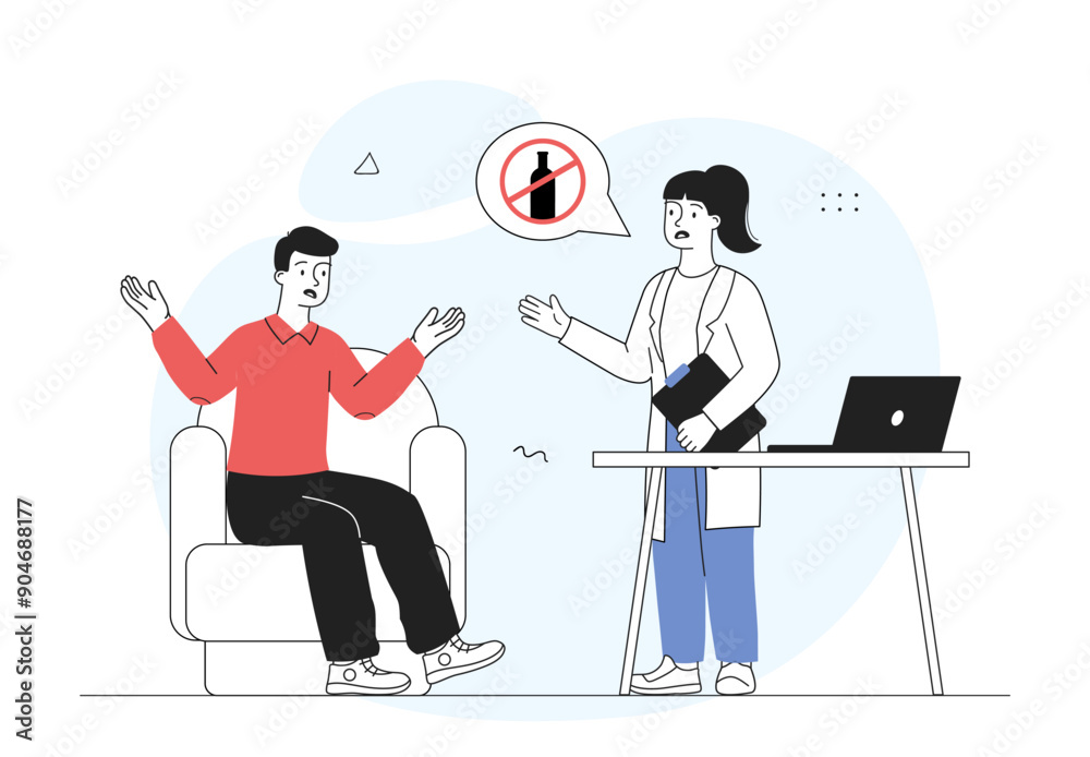 Obraz premium Doctor forbids drinking alcohol. Woman in medical uniform forbids man to drink beer and wine. Treatment of addiction to alcoholic beverage. Linear vector illustration