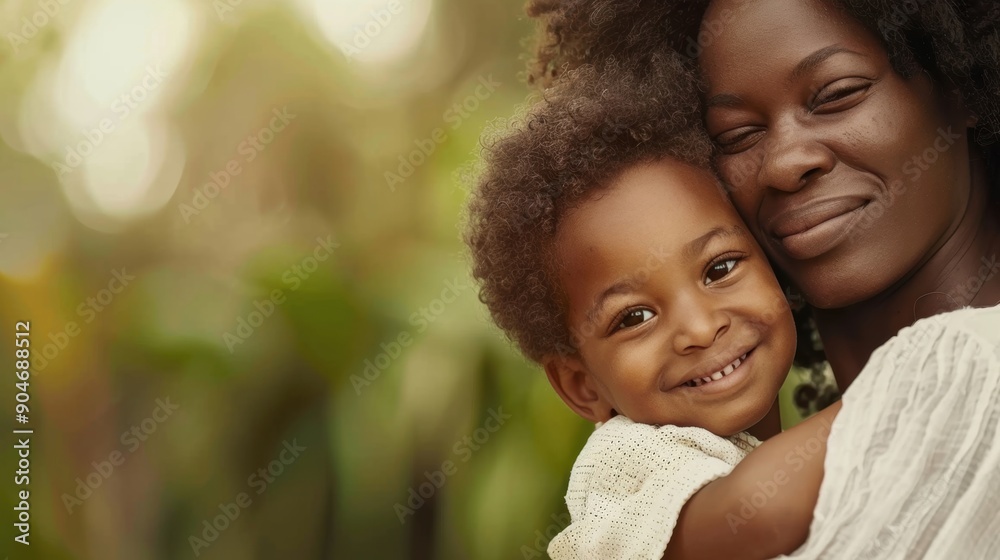 Fototapeta premium A mother joyfully hugs her child in a vibrant, green environment filled with natural light