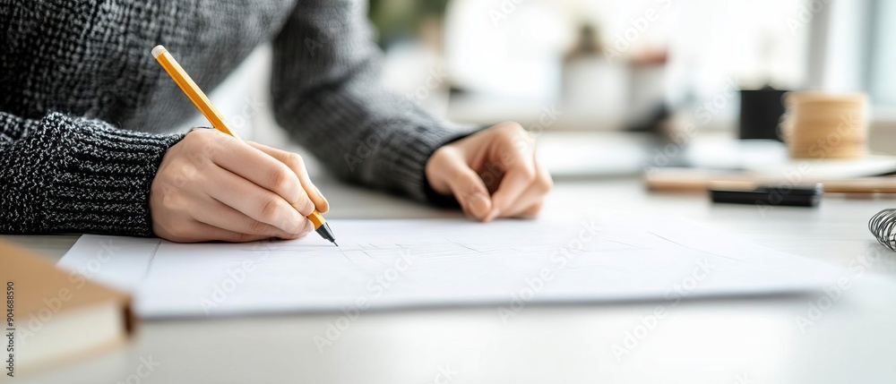 Person writing on paper with pencil, focusing on work at a bright desk with notepads and plants in the background. Concept of productivity and creativity.