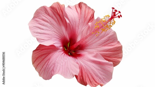 Close-up of a hibiscus flower, vibrant pink petals with detailed stamens, isolated on a clean white background, perfect for product advertisements with copy space photo
