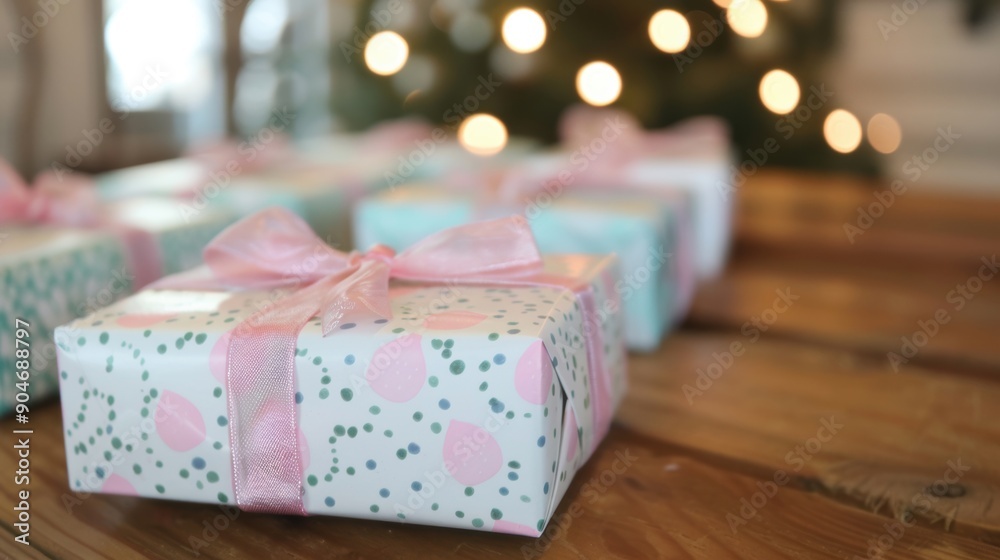 Colorful presents are attractively wrapped and placed on a wooden table, creating a festive ambiance Colorful presents are attractively wrapped and placed on a wooden table, creating a festive ambiance