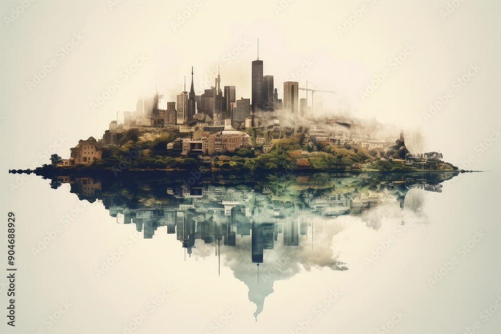 Naklejka premium Urban Skyline Island with Reflective Water