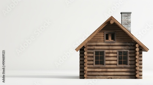 Isolated rustic cabin with a chimney, detailed wooden exterior, ample space for copy text or logos, ideal for marketing