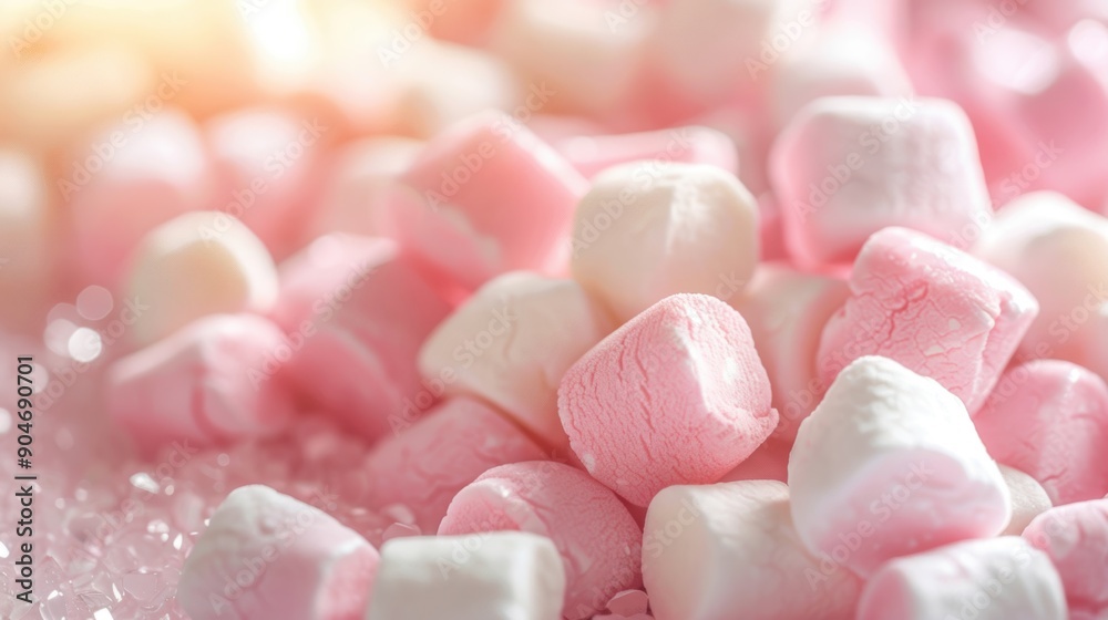 A delightful array of pink and white marshmallows scattered on a soft background A delightful array of pink and white marshmallows scattered on a soft background