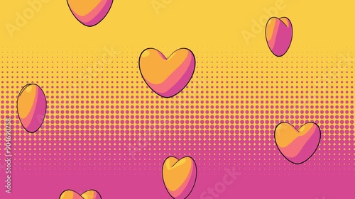 Bibrant pop art inspired featuring floating hearts on a yellow and pink gradient background with halftone Pattern. Perfect for themes of love, romance, and playful design projects. 4K photo