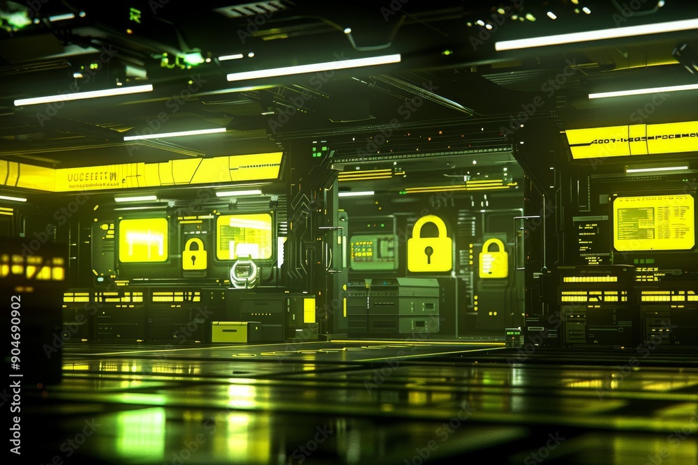 High-tech data center illuminated in yellow, emphasizing secure data storage solutions High-tech data center illuminated in yellow, emphasizing secure data storage solutions