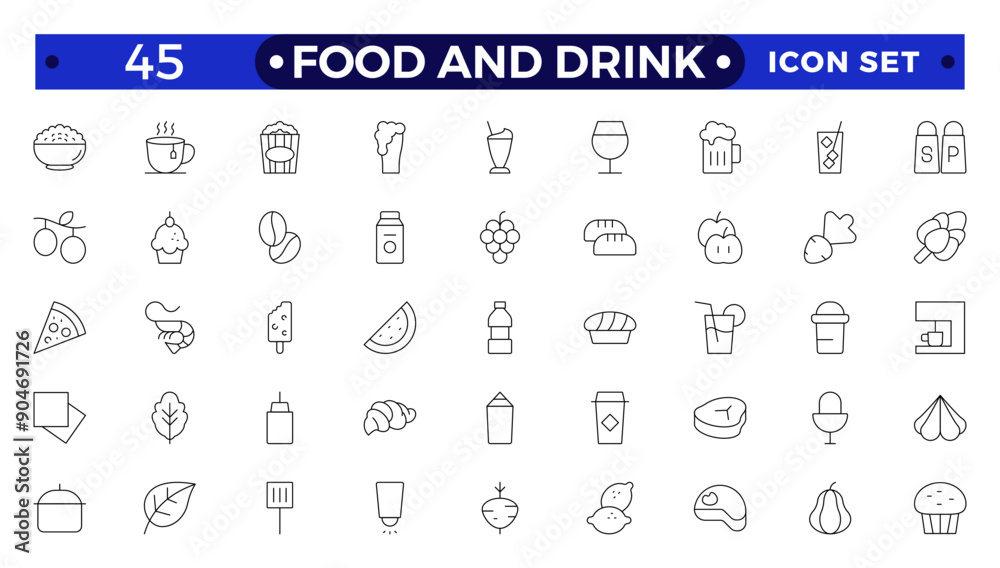 Food icon collection. Containing meal, restaurant, dishes and fruits icon. Set of outline icons related to food and drink. Linear icon collection. Food icon collection. Containing meal, restaurant, dishes and fruits icon. Set of outline icons related to food and drink. Linear icon collection.