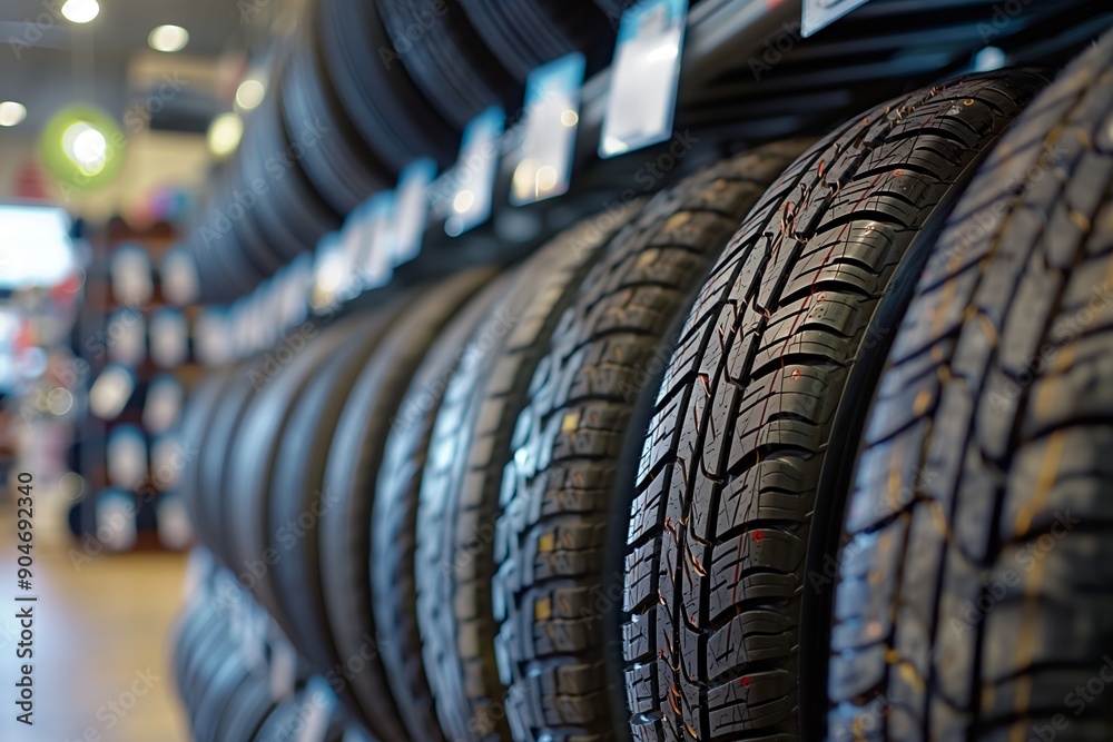Rows of car tires displayed in an automotive store Rows of car tires displayed in an automotive store