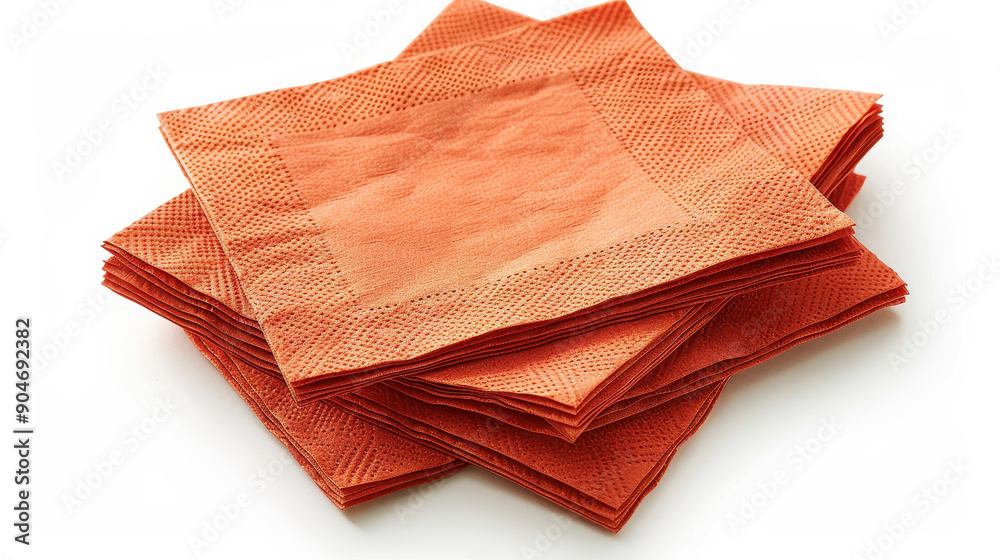 A stack of orange napkins with a white background. The napkins are folded and arranged neatly A stack of orange napkins with a white background. The napkins are folded and arranged neatly