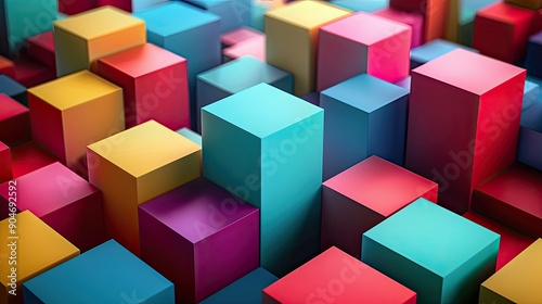 A collection of abstract 3D cubes in varying sizes and vibrant colors, arranged in a visually striking